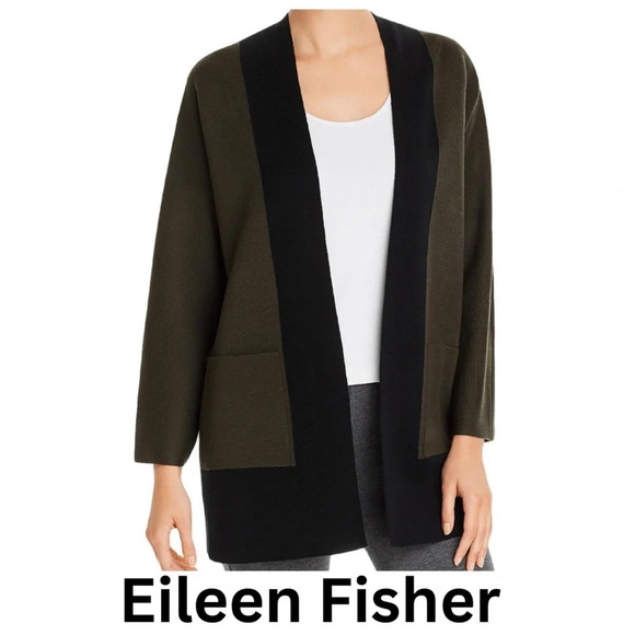 Eileen  Fisher Cardigan Sweater Pockets Collarless Merino Wool Dark Green XS - Picture 1 of 6